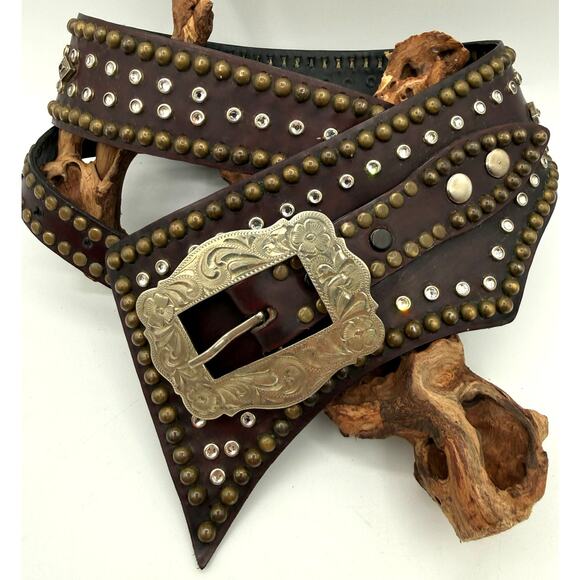 Jose Luis German Silver Buckle Brass & Rhinestone Studded Leather Western Belt